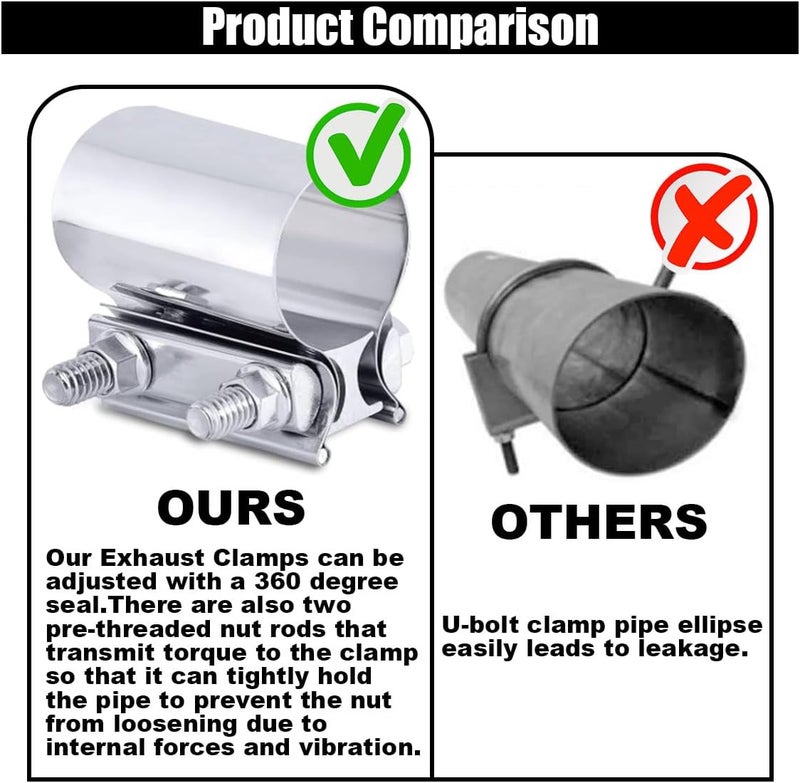 GLSOWEE 2PCS 2.25" Exhaust Clamp, Butt Joint Pipe Muffler Band Sleeve Coupler, Stainless Steel, for Pipes, Mufflers and Catalytic Converters (2.25inch) - Image 4